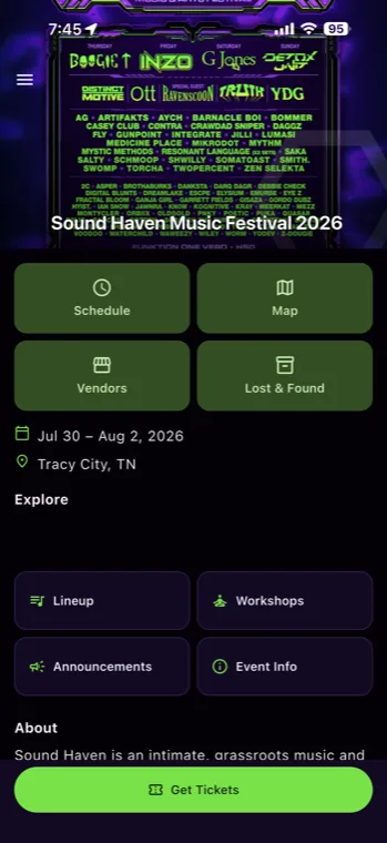 The Sound Haven app home screen on iPhone: the 2026 lineup poster with quick links to Schedule, Map, Vendors, and Lost & Found.