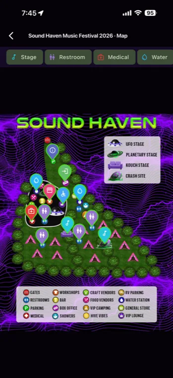 Illustrated Sound Haven site map with pinned stages and a legend.