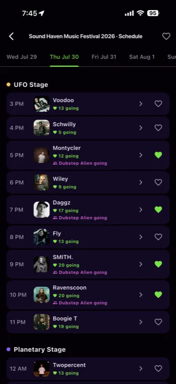 Schedule screen: set times on the UFO Stage with heart buttons and how many people are going.