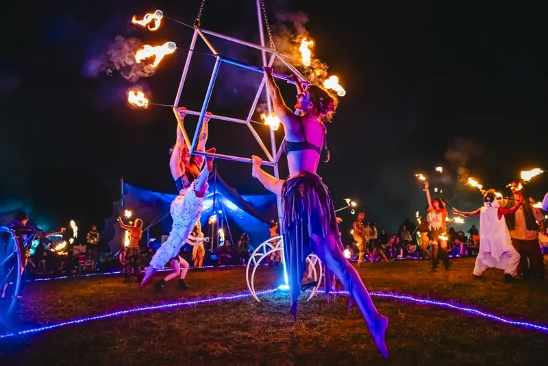 Fire and aerial performers over the crowd at Sound Haven 2026