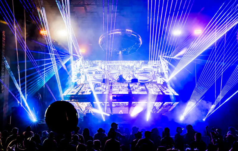 Lasers fanning out over the Sound Haven 2026 UFO mainstage during a night set