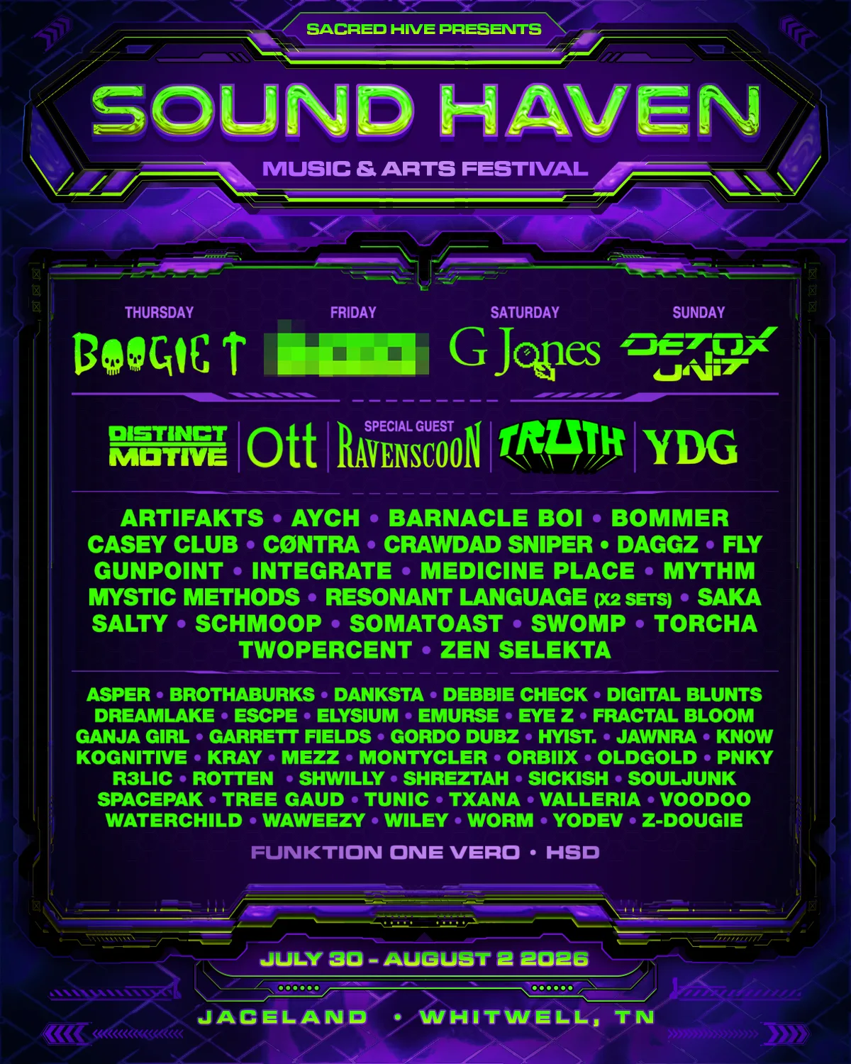 Sound Haven Music & Arts Festival 2026 full lineup poster — July 30 – August 2, 2026