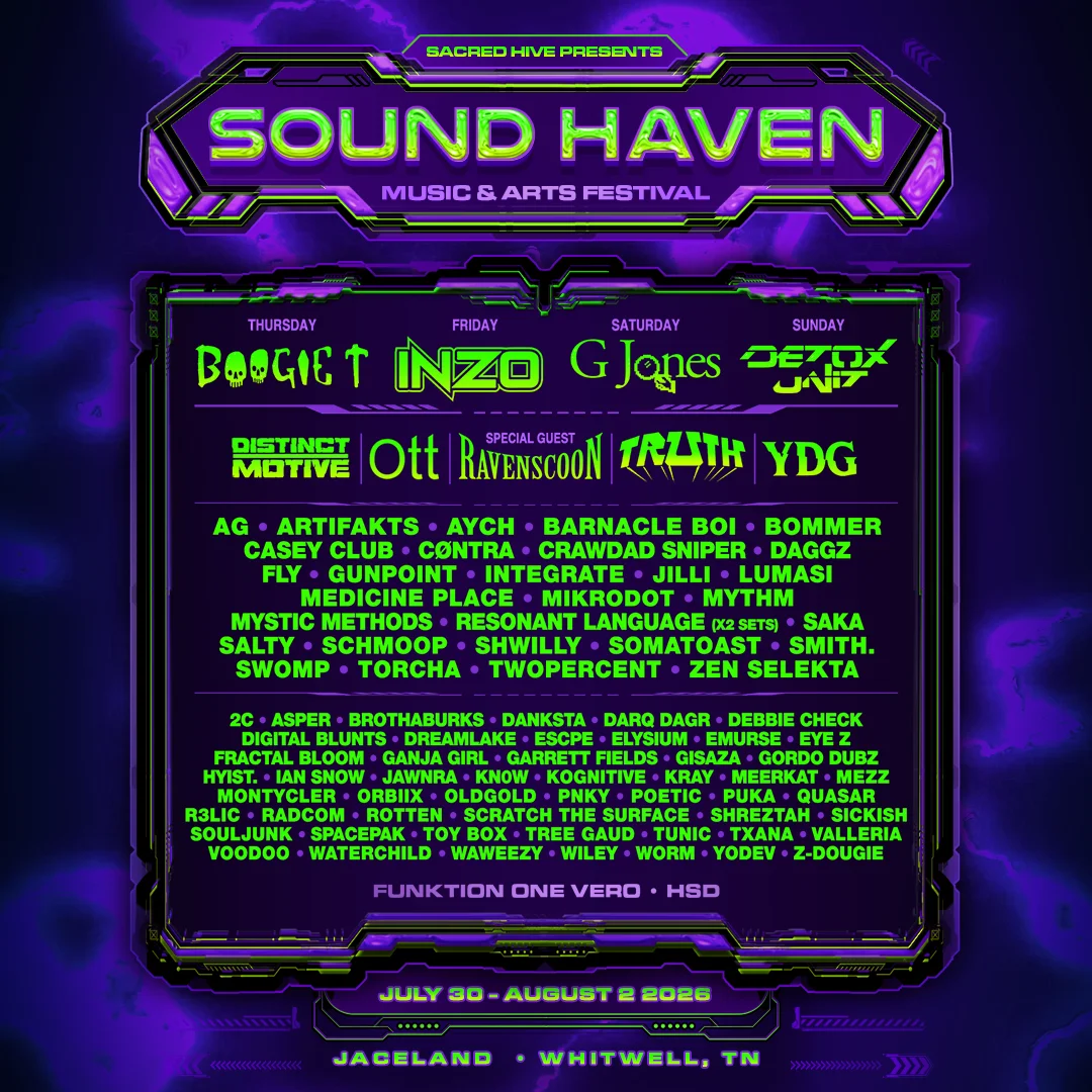 Sound Haven Music & Arts Festival 2026 full lineup poster — July 30 – August 2, 2026